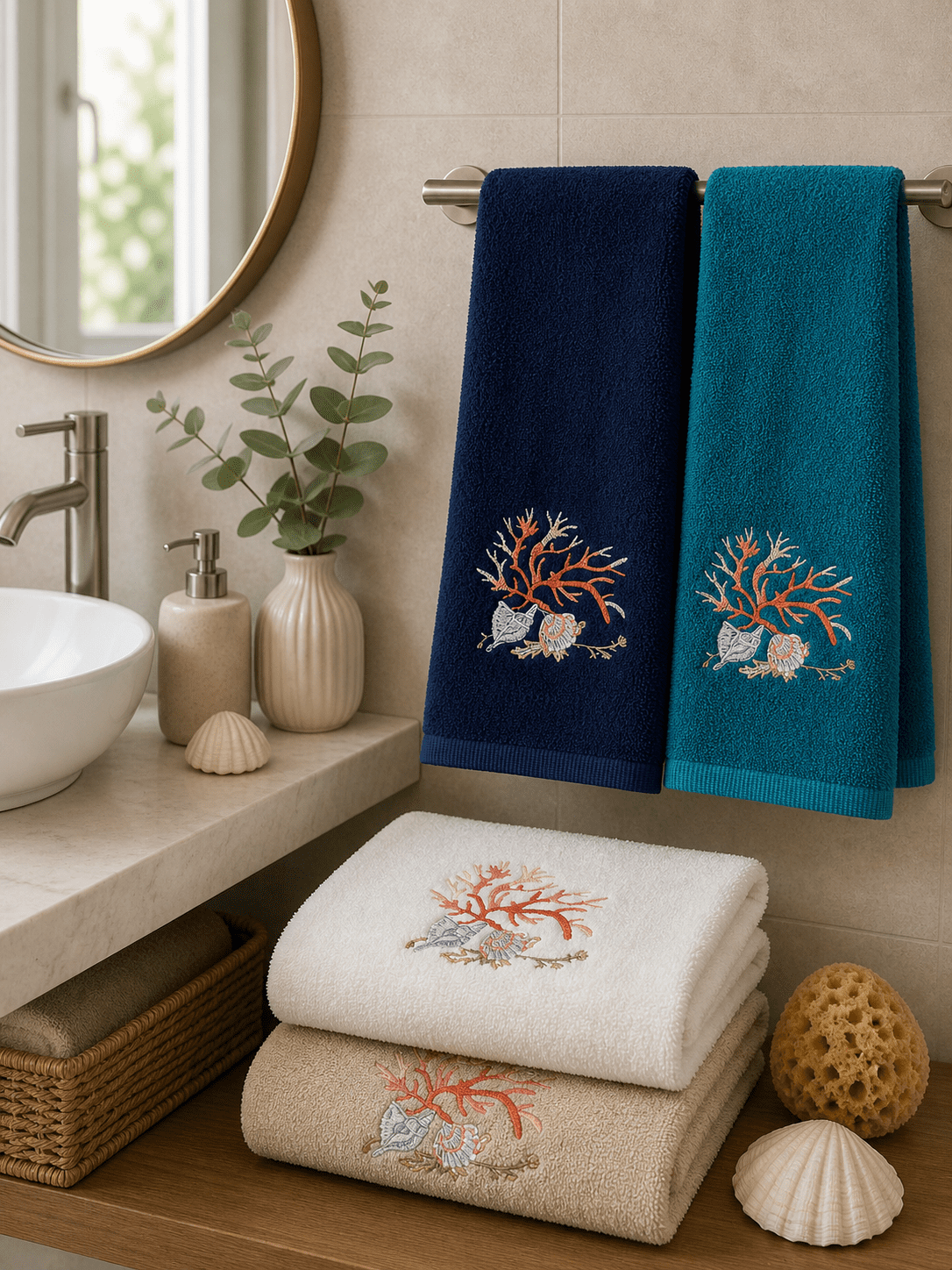 Maison Sucree' Set Asciugamani 1+1 In Spugna Di Cotone Con Ricamo Corallo