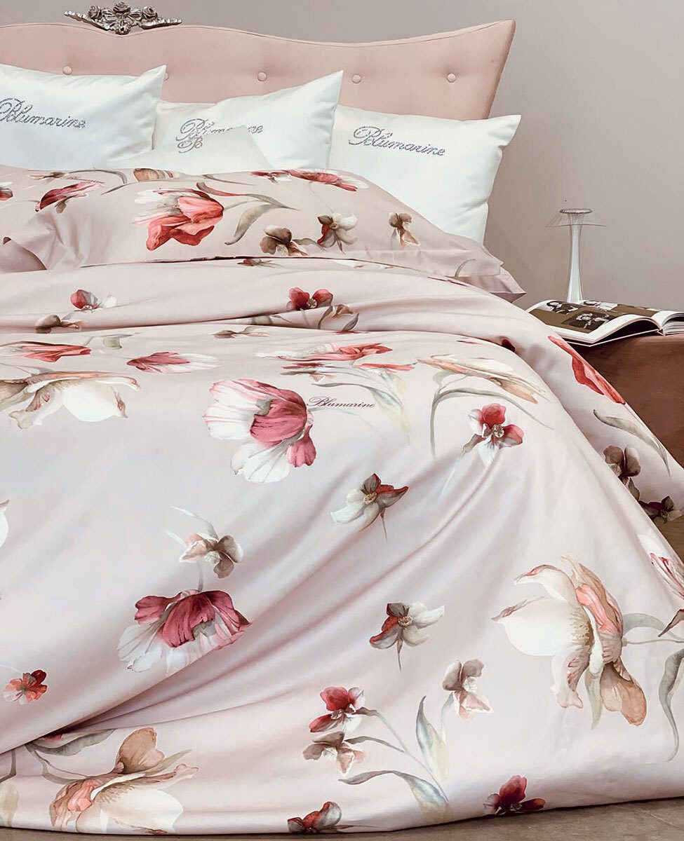 Blumarine Completo Copripiumino Matrimoniale In Raso Di Cotone Fleurette
