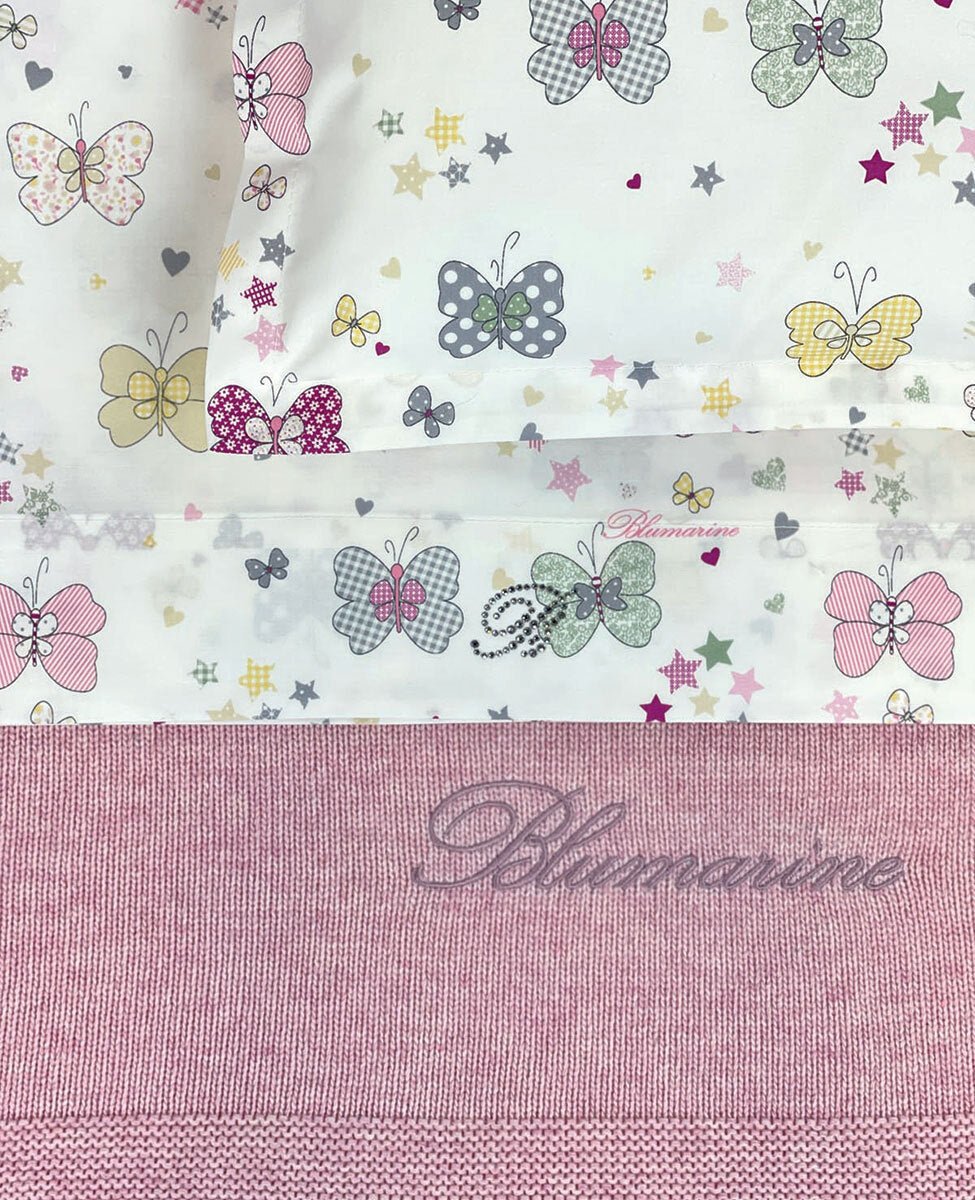 Blumarine Baby Completo Lenzuola 3Pz Culla/Carrozzina In Percalle Di Cotone Stampato Farfalle