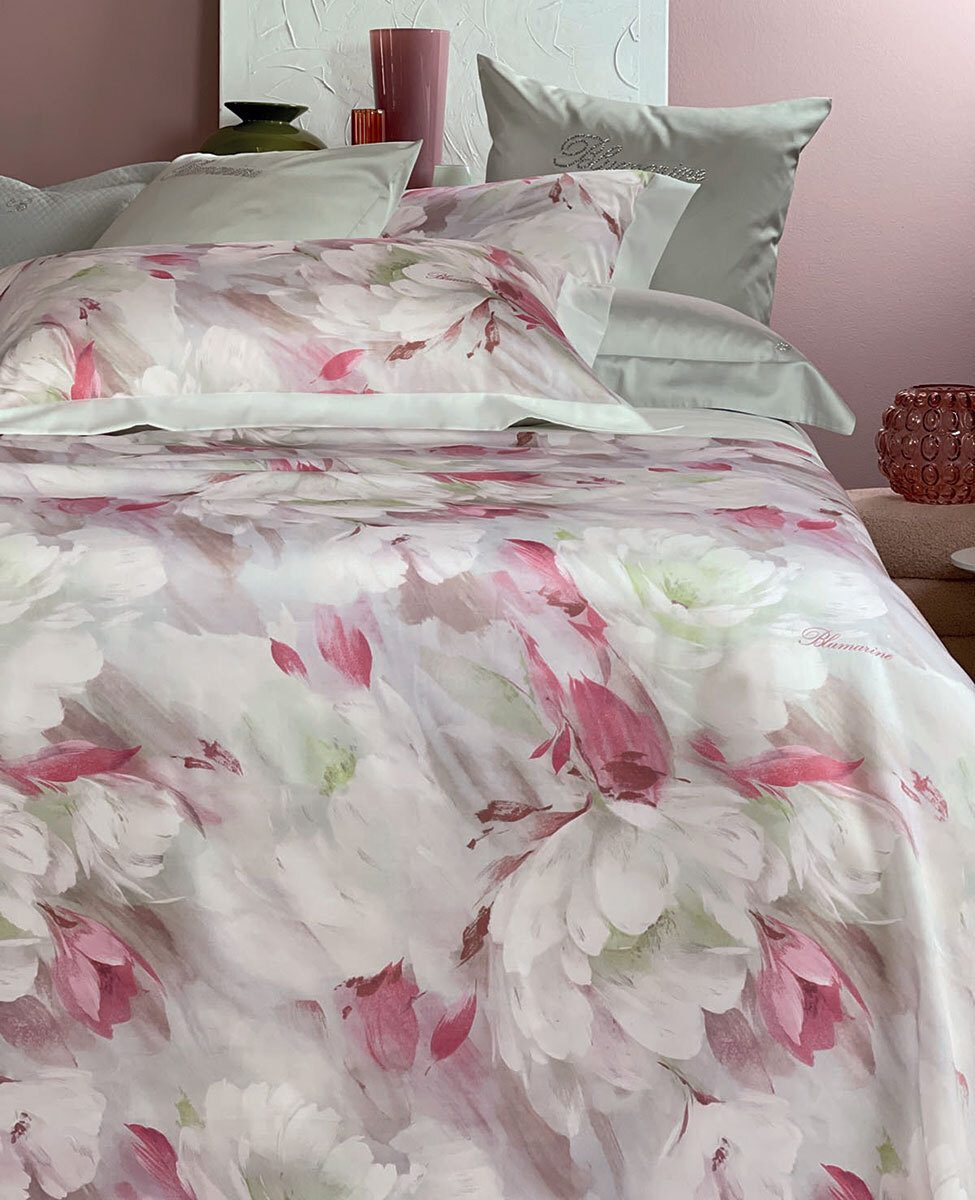 Blumarine Completo Lenzuola Matrimoniale Modello Copriletto In Raso Di Cotone Ranuncolo
