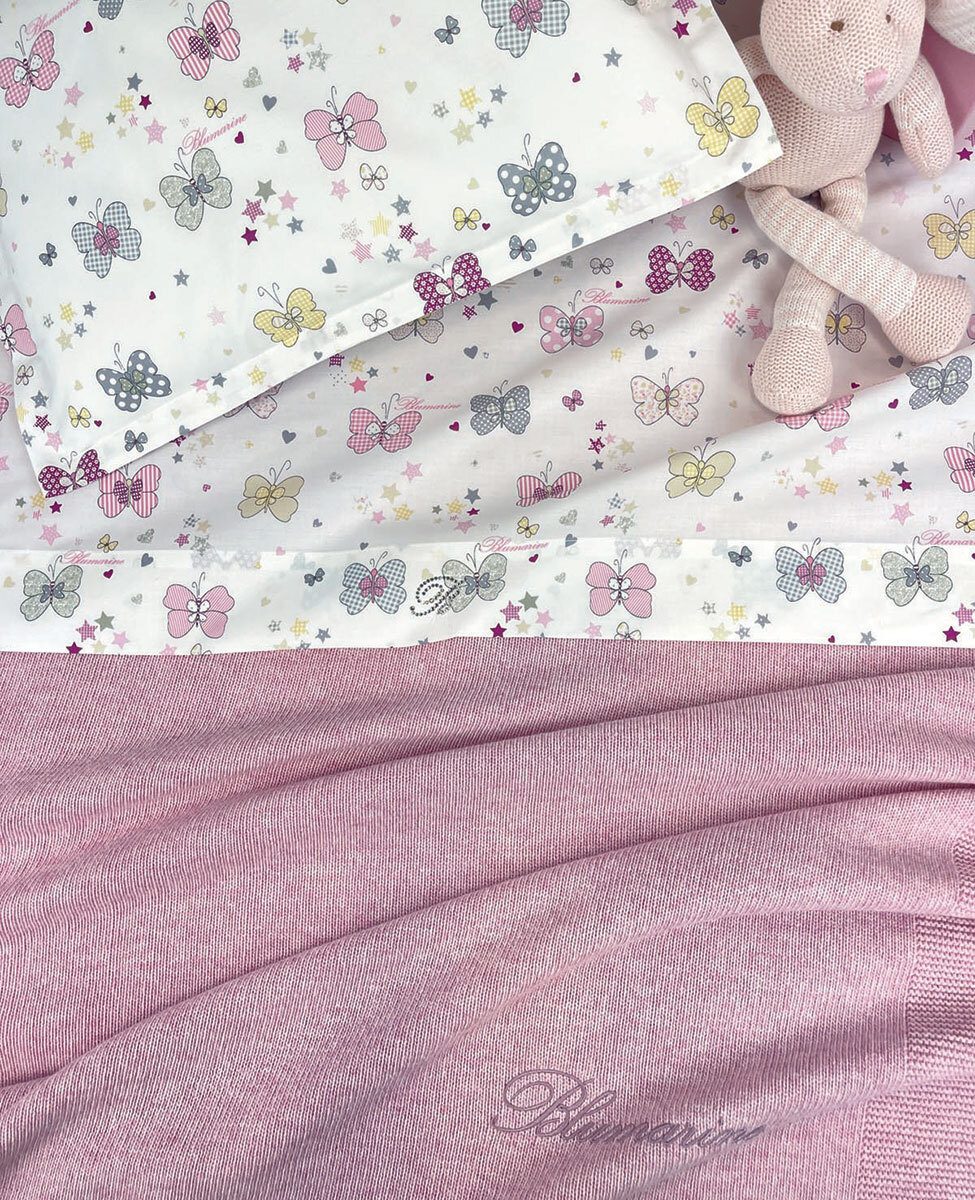 Blumarine Baby Completo Lenzuola 3Pz Lettino In Percalle Di Cotone Stampato Farfalle