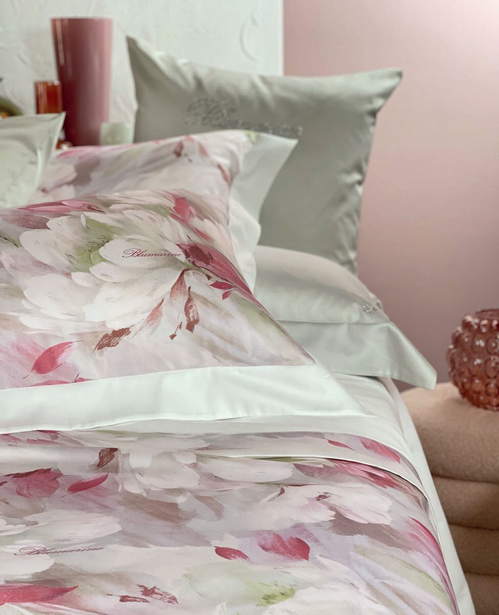 Blumarine Completo Lenzuola Matrimoniale Modello Copriletto In Raso Di Cotone Ranuncolo