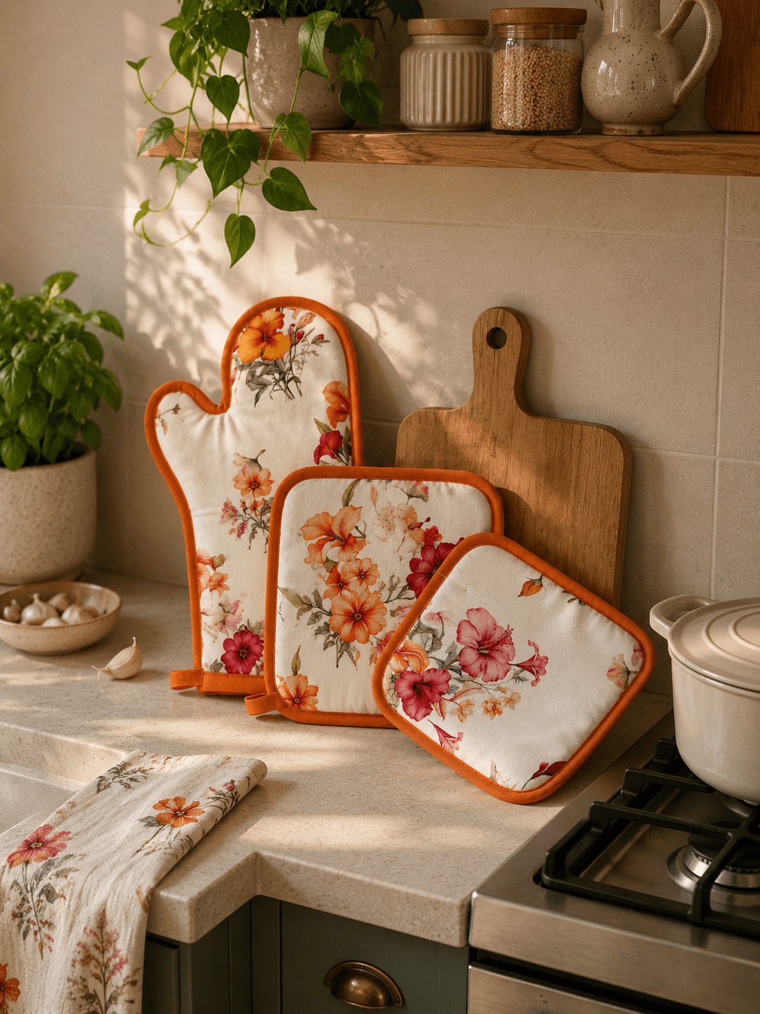 Tag House Set 2 Presine E 1 Guanto Forno In Cotone Hibiscus