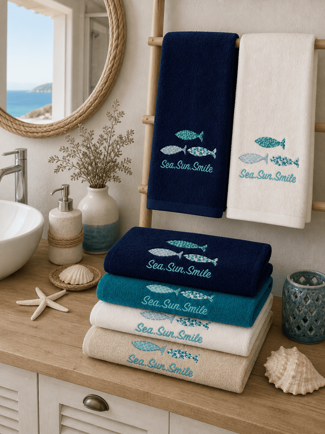Maison Sucree' Set Asciugamani 1+1 In Spugna Di Cotone Con Ricamo Tre Pesci