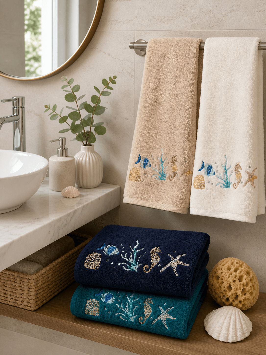 Maison Sucree' Set Asciugamani 1+1 In Spugna Di Cotone Con Ricamo Cavalluccio