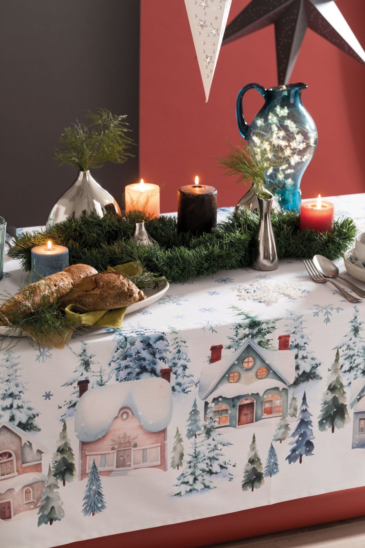 Riviera Tovaglia Natalizia E/O Runner In Cotone Con Trattamento Idrorepellente White Christmas