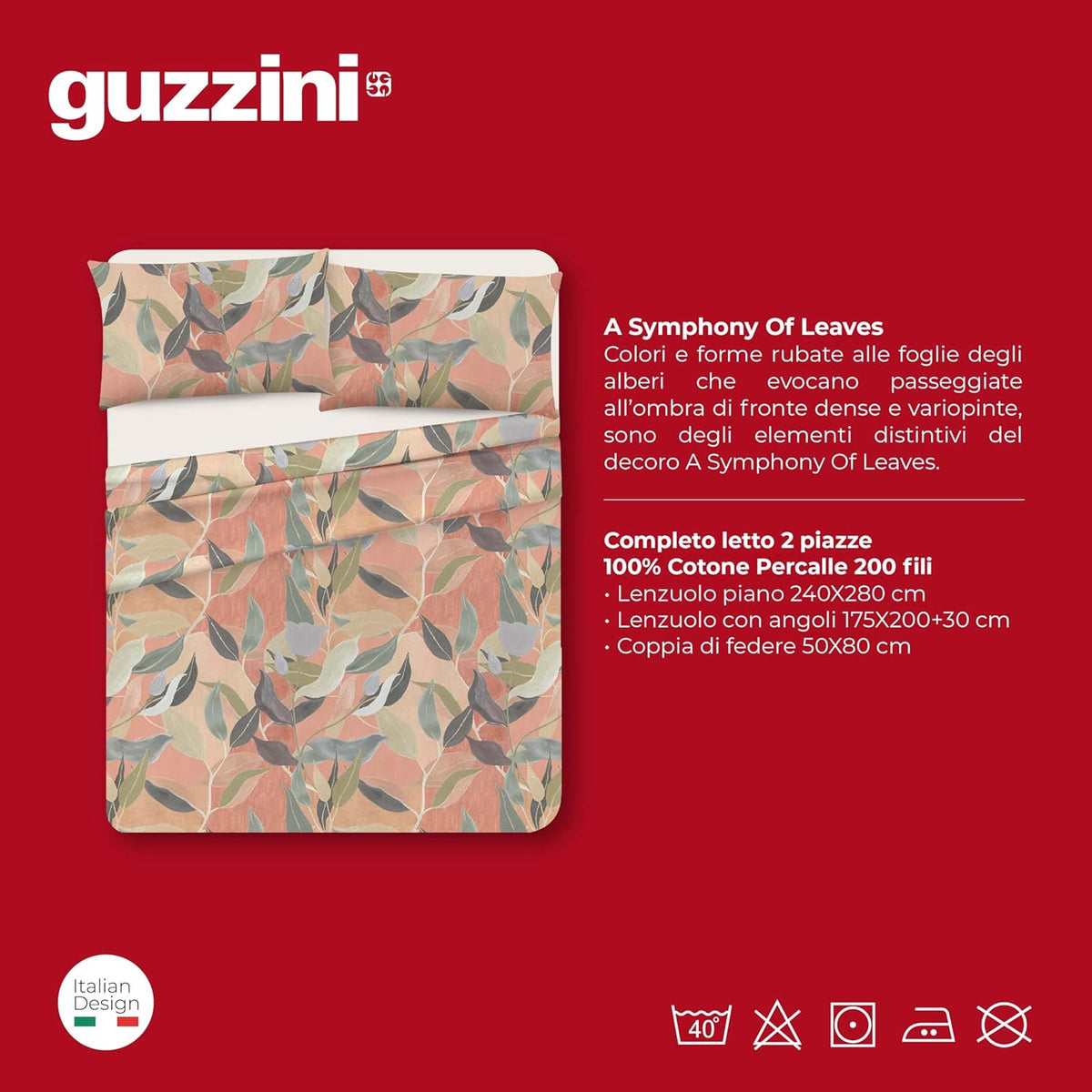 Guzzini Completo Lenzuola Matrimoniale In Percalle Di Cotone Stampato Foglie