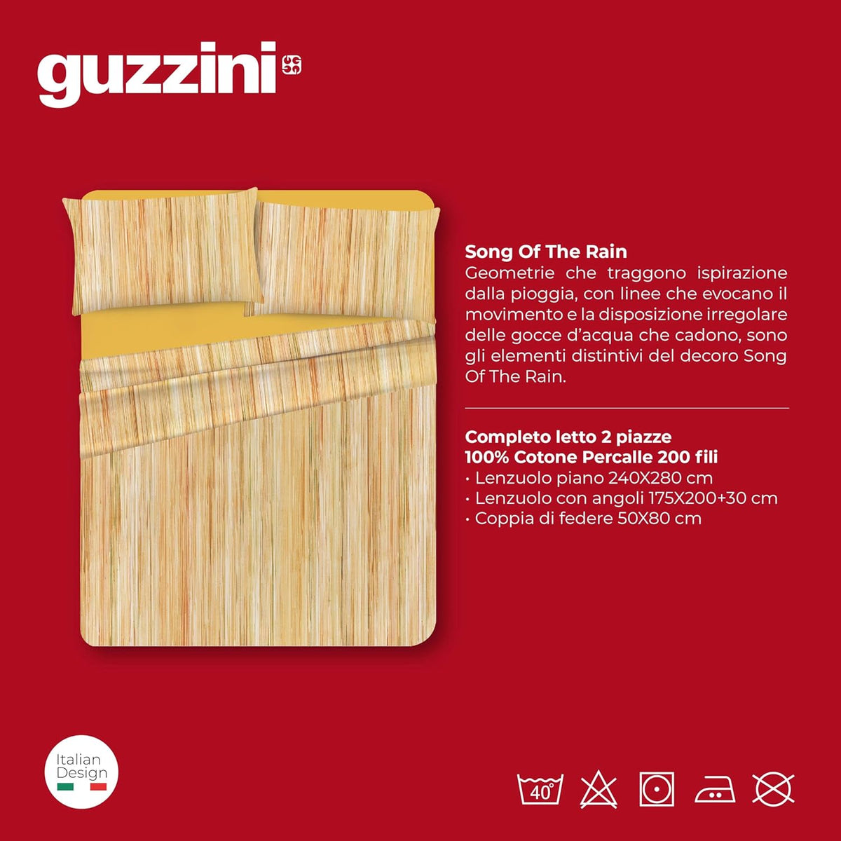 Guzzini Completo Lenzuola Matrimoniale In Percalle Di Cotone Stampato Righe