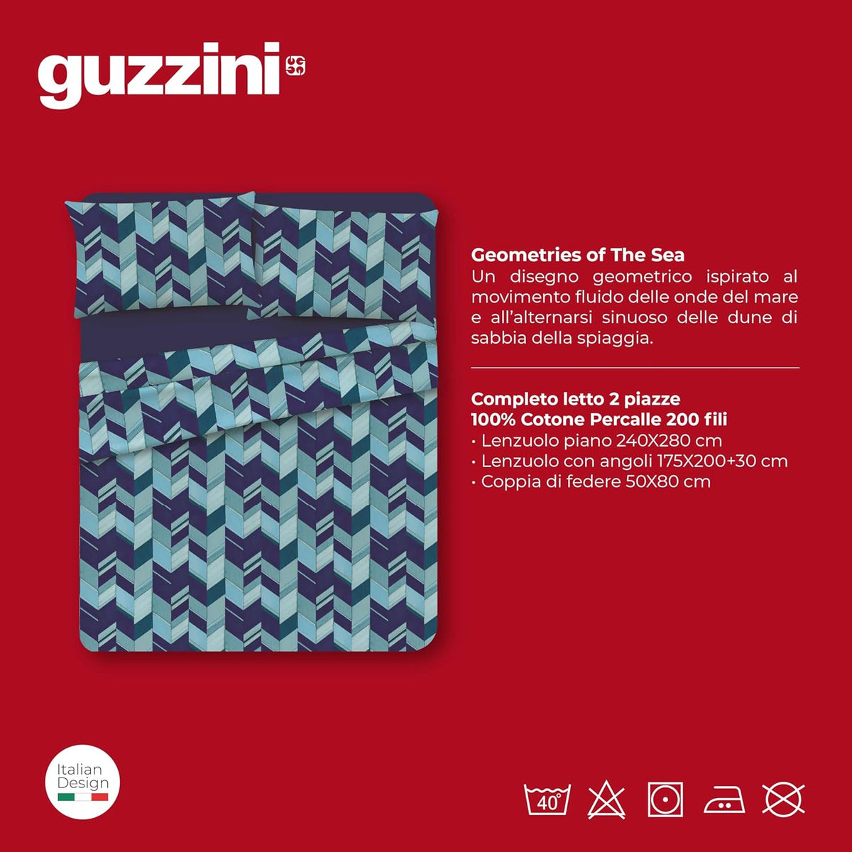 Guzzini Completo Lenzuola Matrimoniale In Percalle Di Cotone Stampato Geometrica