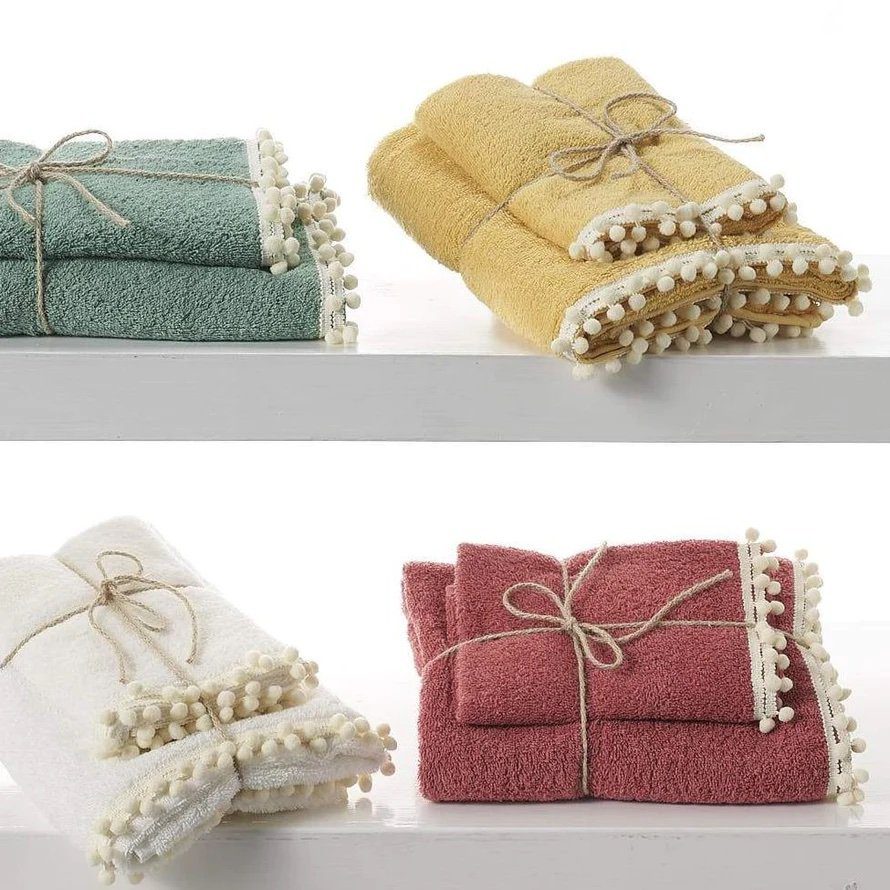 Creole Home Set Asciugamani 1+1 In Spugna Di Cotone Con Applicazione Pom Pon