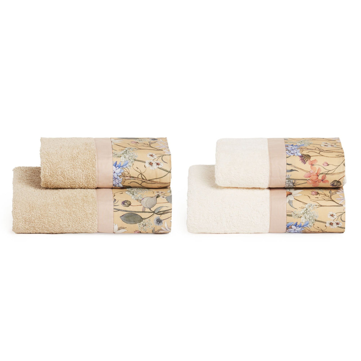 Biancoperla Set Asciugamani 2+2 In Spugna Di Cotone Con Balza In Cotone Stampato Calipso