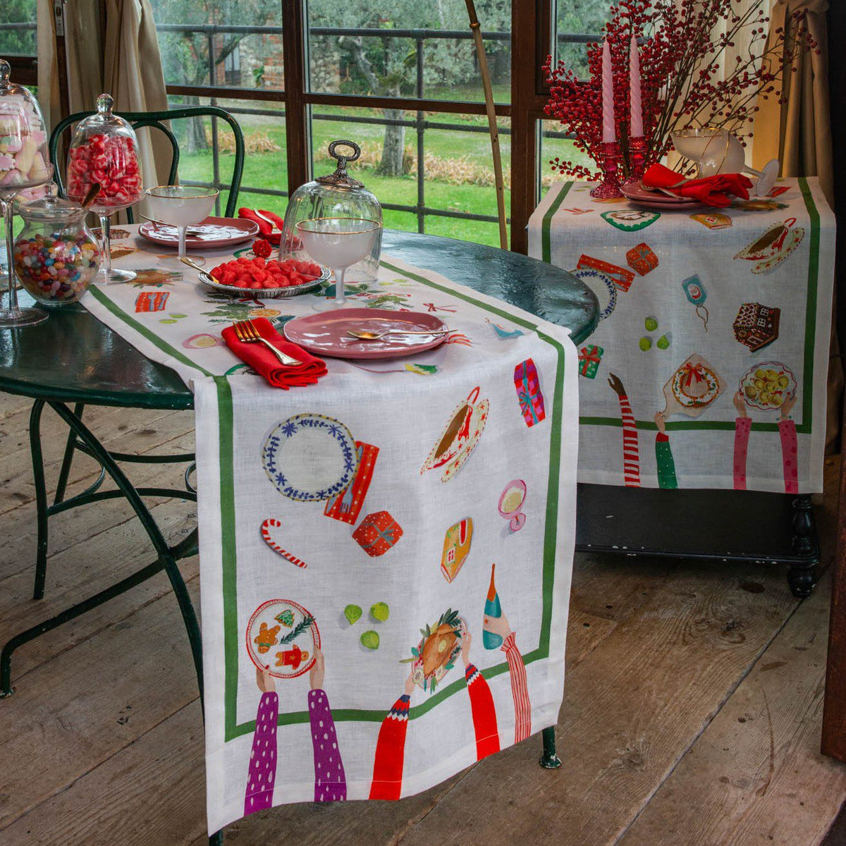 Tessitura Toscana Telerie Tovaglia E/O Runner Natalizi In Misto Lino Hand On Xmas