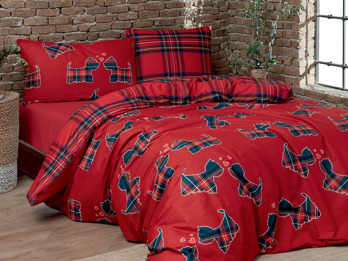 Daunex Parure Copripiumino Infinity Cotone Stampato Doubleface Cuccioli Tartan Rosso