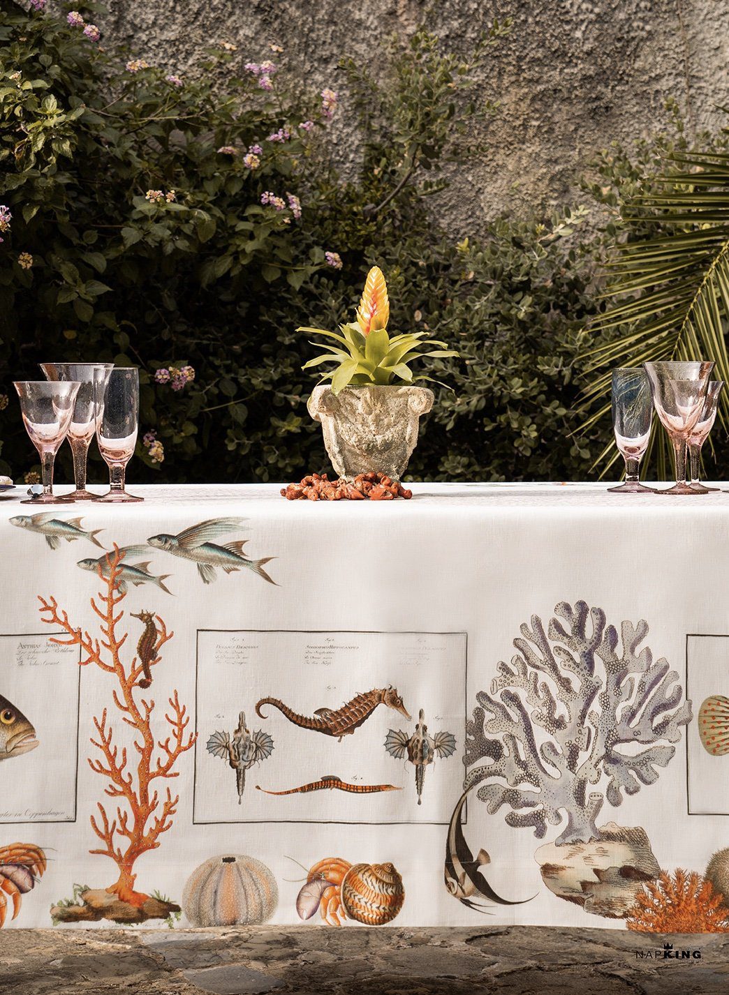 Napking Tovaglia E/O Runner In Lino Stampato Coralbay