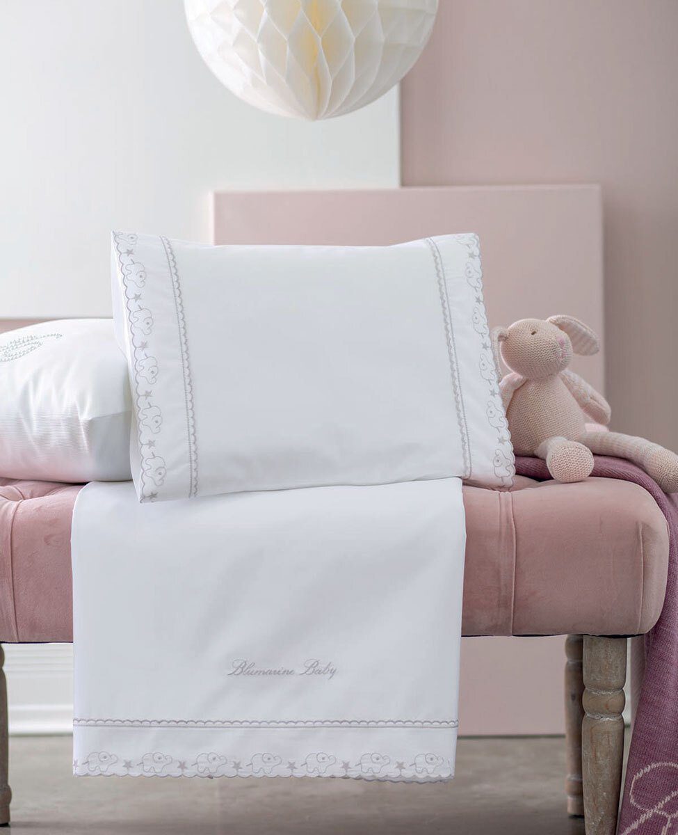 Blumarine Baby Completo Lenzuola Culla E Carrozzina In Percalle Di Cotone Con Ricamo Fred