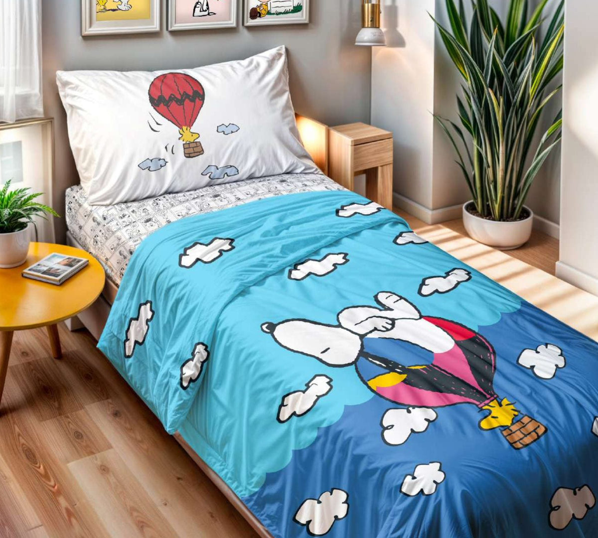 Peanuts Completo Lenzuola Singolo Modello Copriletto In Puro Cotone Snoopy Fly