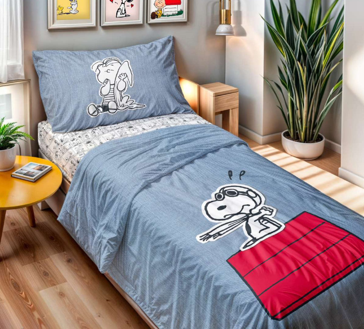 Peanuts Completo Lenzuola Singolo Modello Copriletto In Puro Cotone Snoopy Stickers