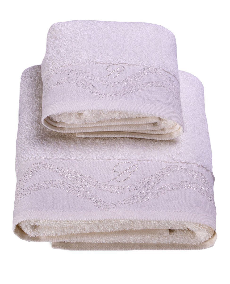Blumarine Set Asciugamani 1+1 In Spugna Di Cotone Con Balza E Logo Filo Lurex Crystelle