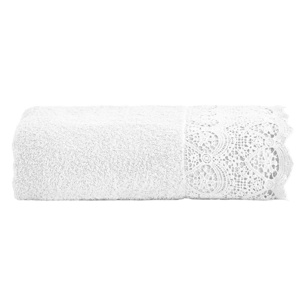 BIANCOPERLA TELO BAGNO IN SPUGNA DI COTONE CON BALZA IN PIZZO MACRAME' CANASTRA