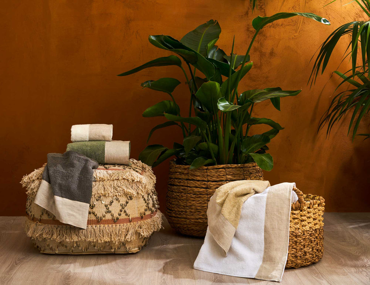 Biancoperla Set Asciugamani 1+1 In Spugna Di Cotone Con Balza In Puro Lino Eko Lino Washed