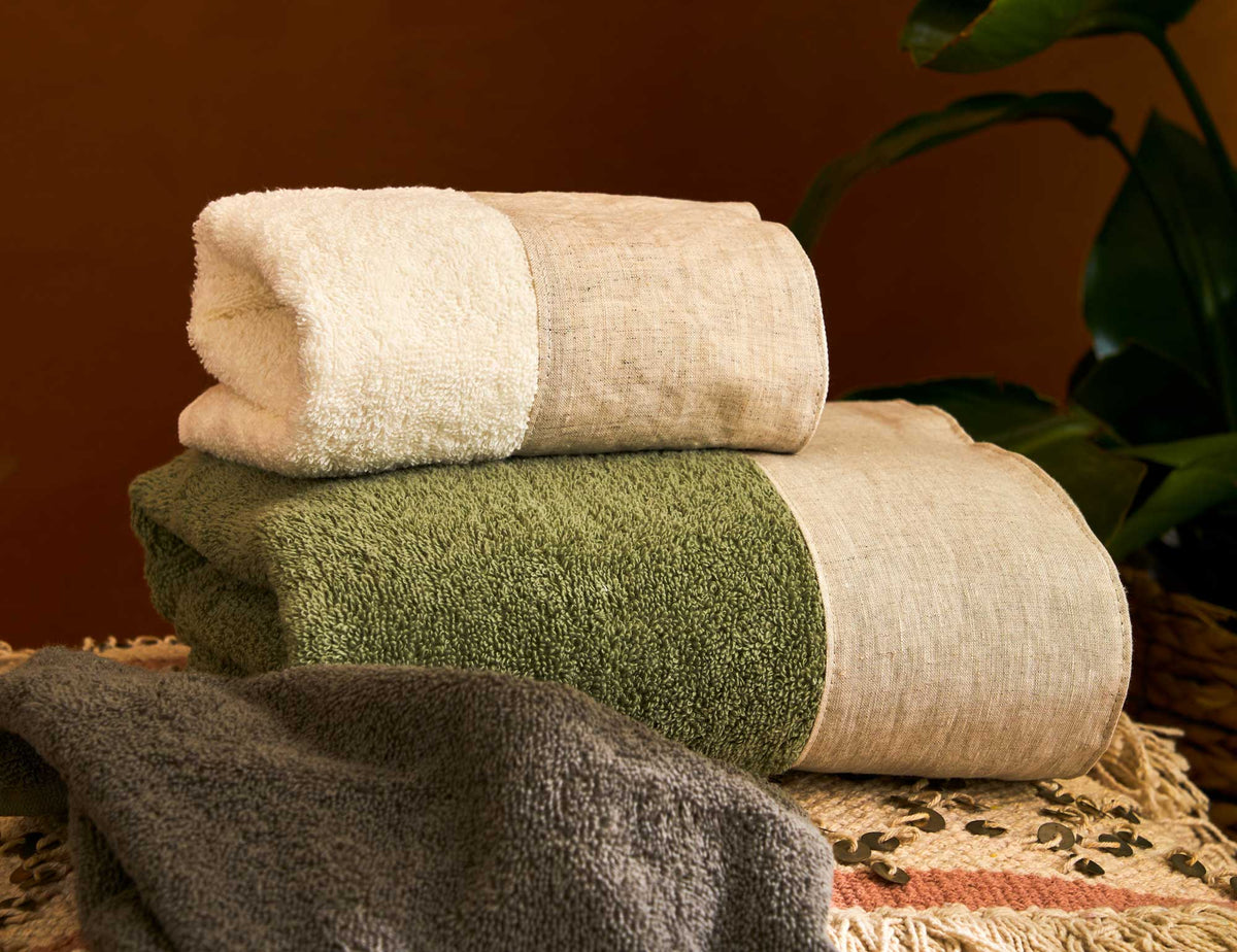Biancoperla Set Asciugamani 1+1 In Spugna Di Cotone Con Balza In Puro Lino Eko Lino Washed