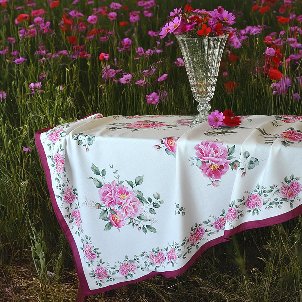 Casa Anversa Tovaglia E/O Runner In Tessuto Antimacchia Stampato Peony Rosa