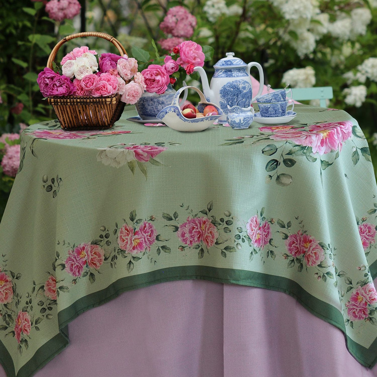 Casa Anversa Tovaglia E/O Runner In Tessuto Antimacchia Stampato Peony Verde