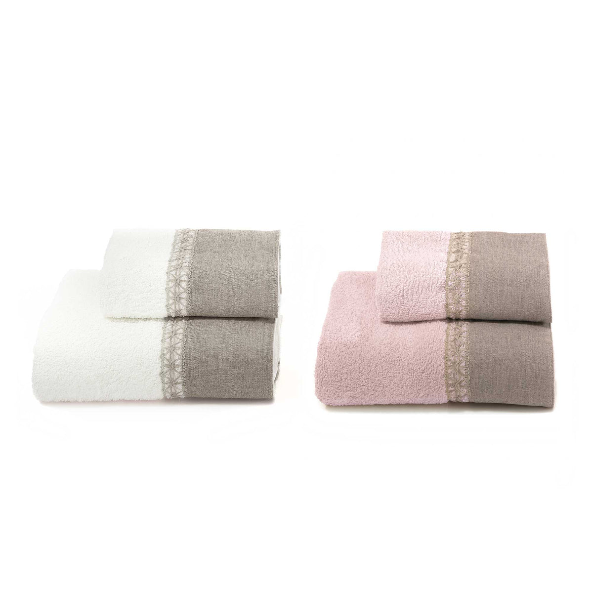 Biancoperla Set Asciugamani 2+2 In Spugna Di Cotone Con Balza E Trina Di Lino Gigliuccio