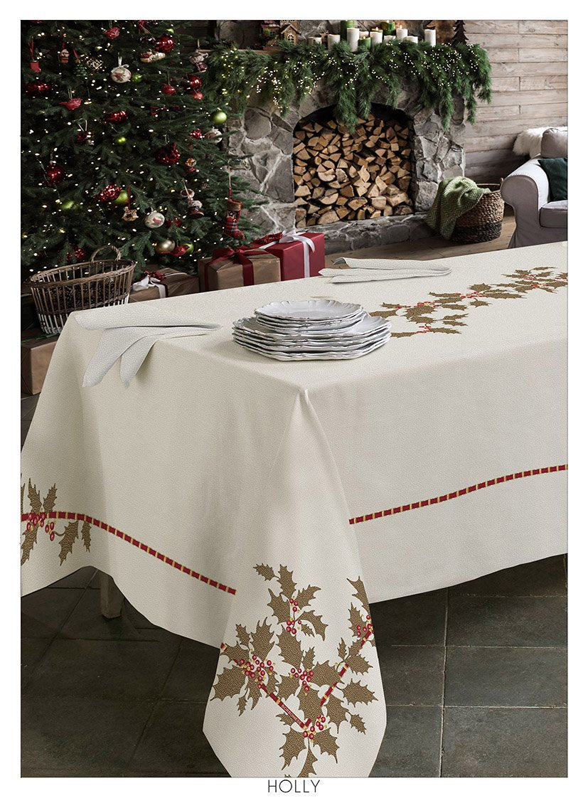 Borbonese Tovaglia Natalizia Con Tovaglioli In Cotone Stampato Holly