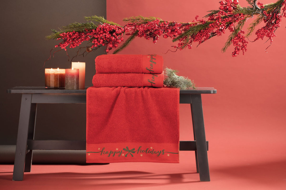 Riviera Set Asciugamani 1+1 In Spugna Di Cotone Con Bordo Ricamato Happy Holidays