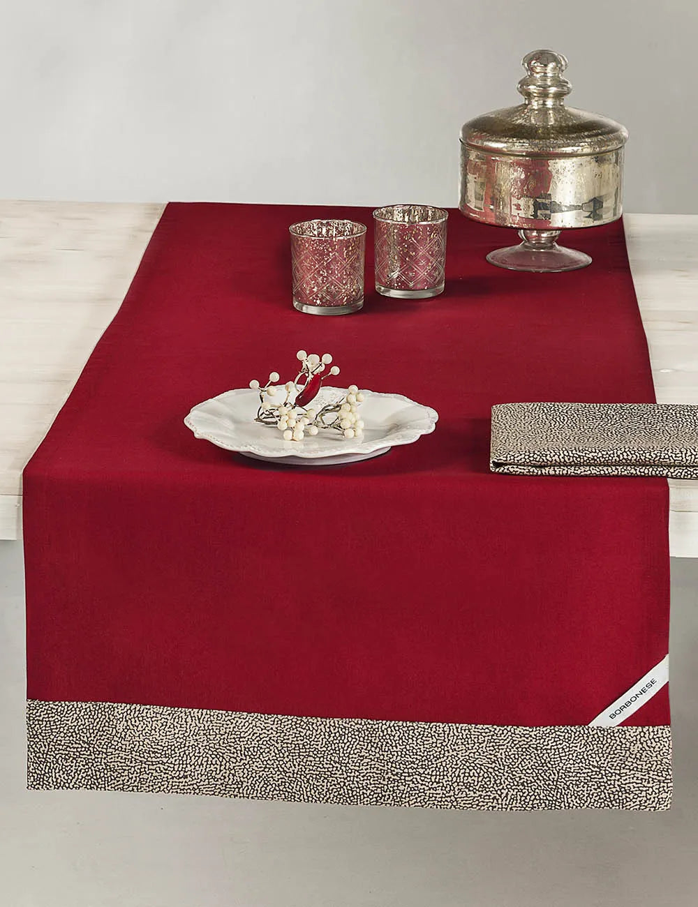 Borbonese Runner In Cotone Con Bordo Fantasia Op + 2 Tovaglioli Jolie
