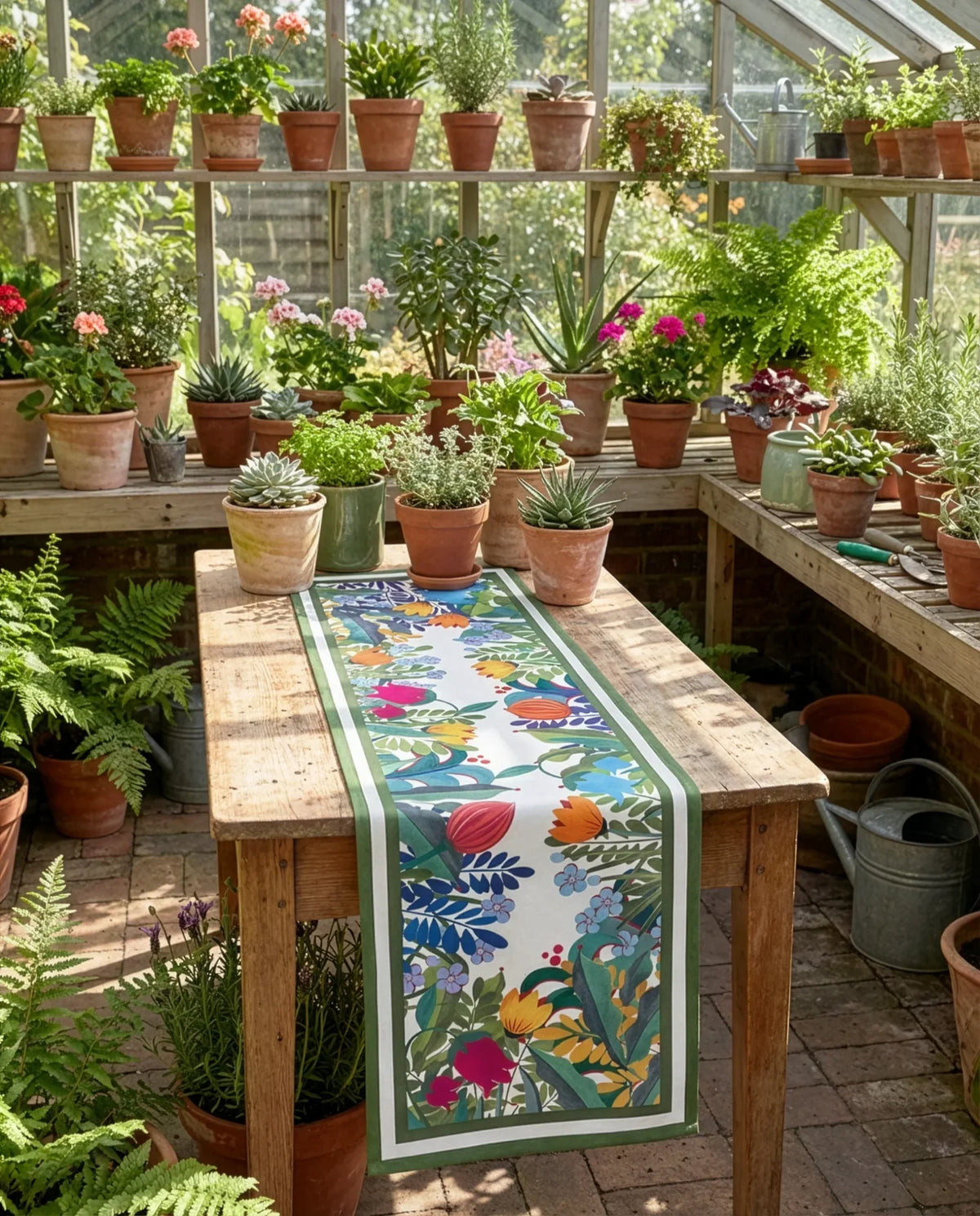 Napking Tovaglia E/O Runner In Raso Di Cotone Antimacchia Stampato Jardin Magique