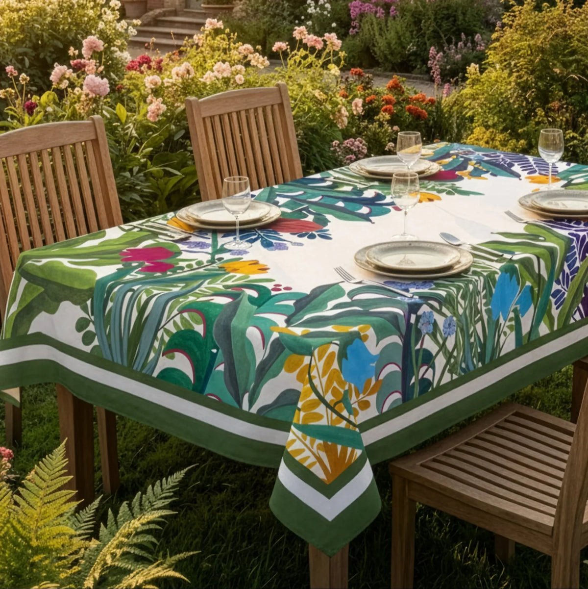 Napking Tovaglia E/O Runner In Raso Di Cotone Antimacchia Stampato Jardin Magique