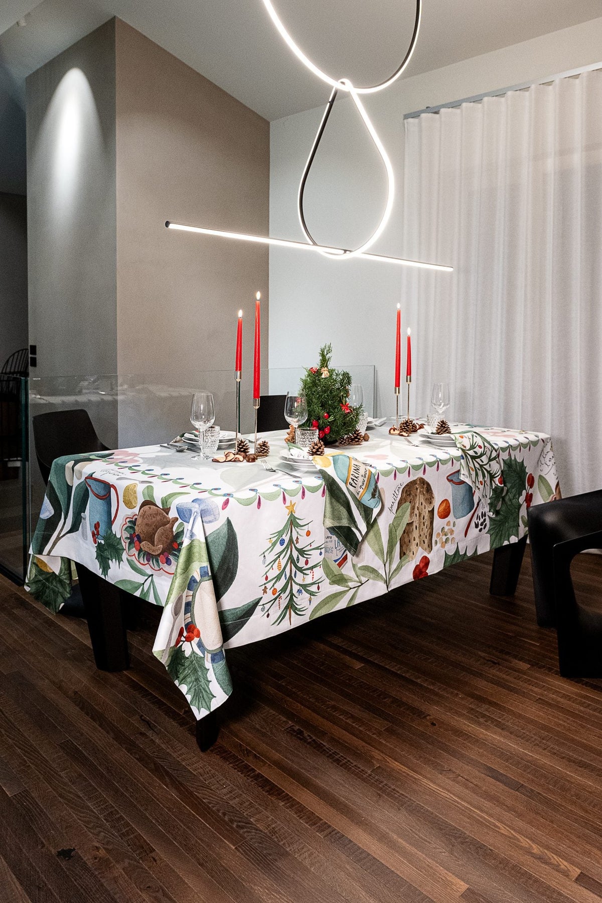 Napking Tovaglia Natalizia E/O Runner In Raso Di Cotone Antimacchia Stampato Menù Natale