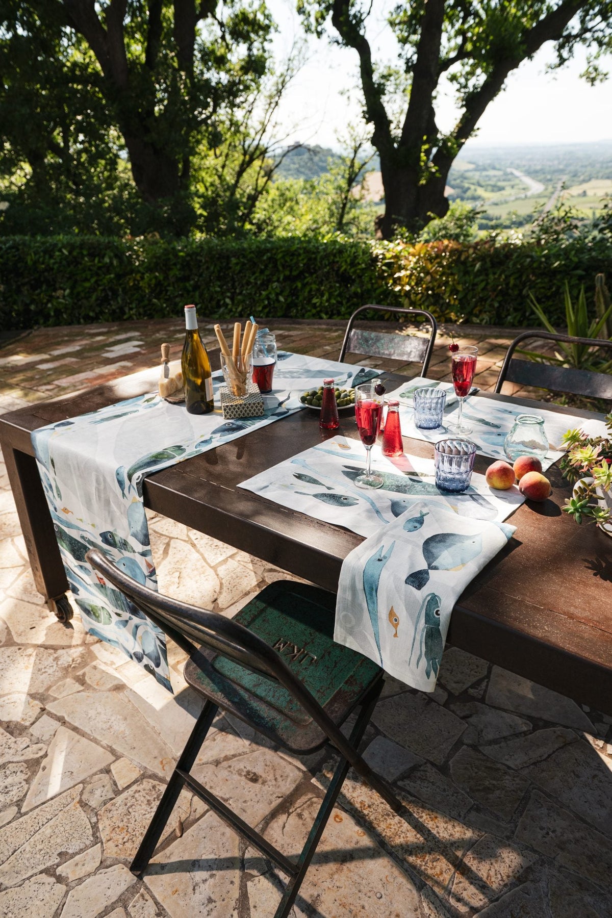 Napking Tovaglia E/O Runner In Lino Stampato Oltremare