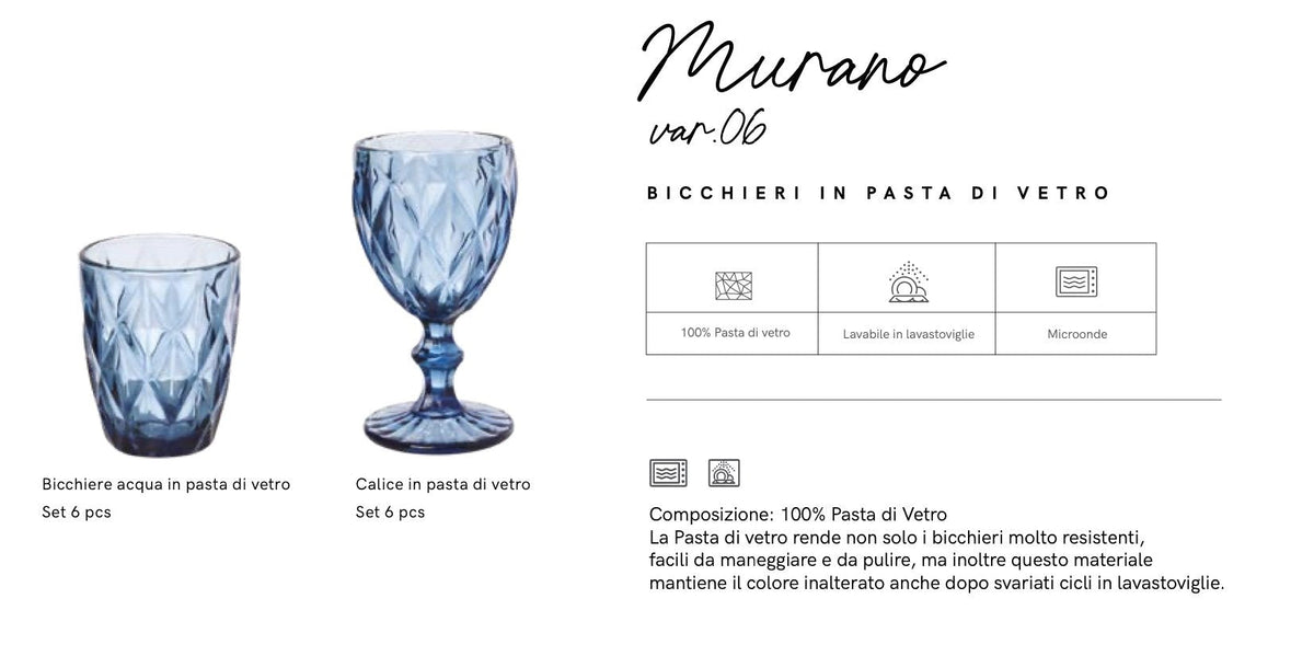 Maison Sucree' Set 6 Pezzi Bicchieri Murano In Pasta Di Vetro 06 Azzurro