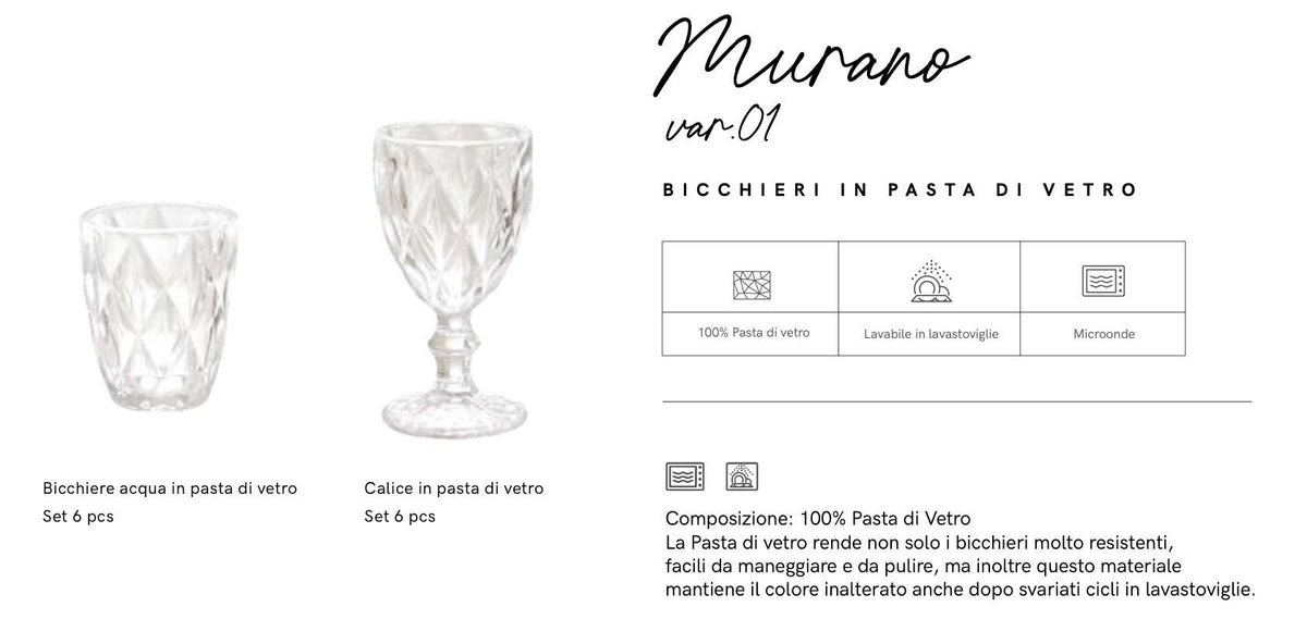 Maison Sucree' Set 6 Pezzi Bicchieri Murano In Pasta Di Vetro Cristallo