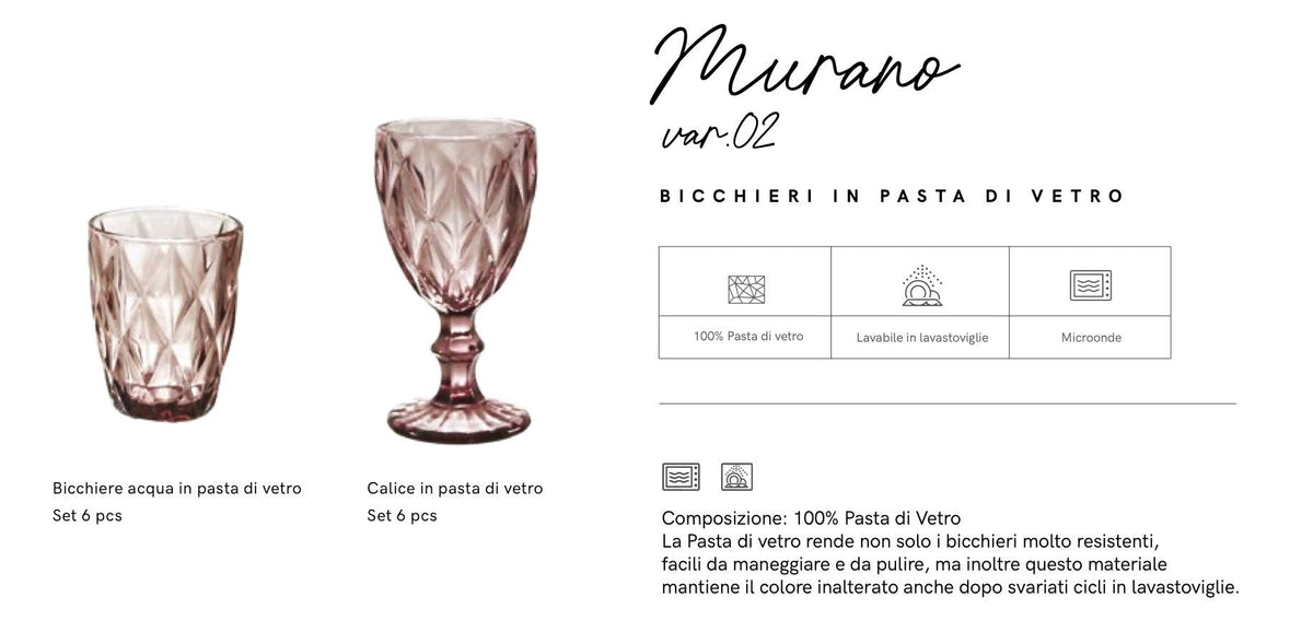 Maison Sucree' Set 6 Pezzi Bicchieri Murano In Pasta Di Vetro 02 Rosa