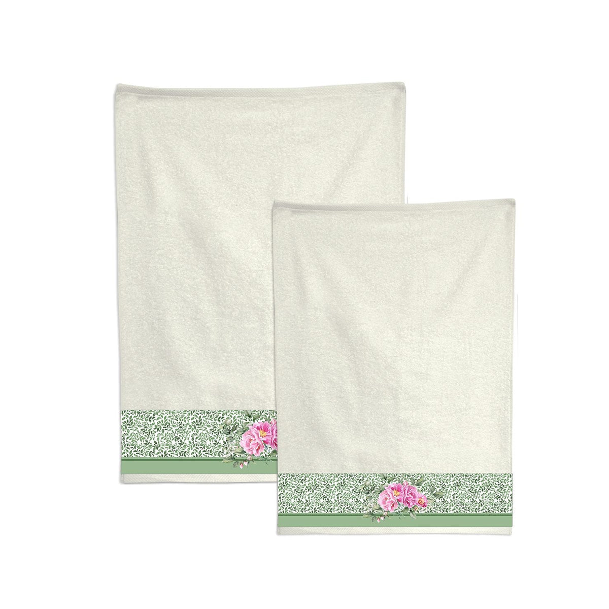 Casa Anversa Set Asciugamani 1+1 In Spugna Di Cotone Con Bordo Velluto Stampato Peony