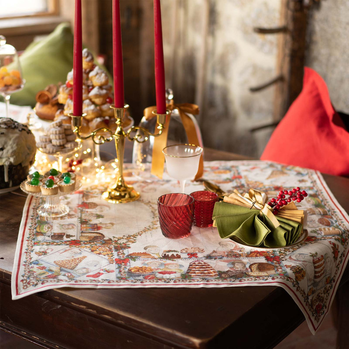 Tessitura Toscana Telerie Tovaglia Natalizia E/O Runner In Lino Stampato Noel Gourmand