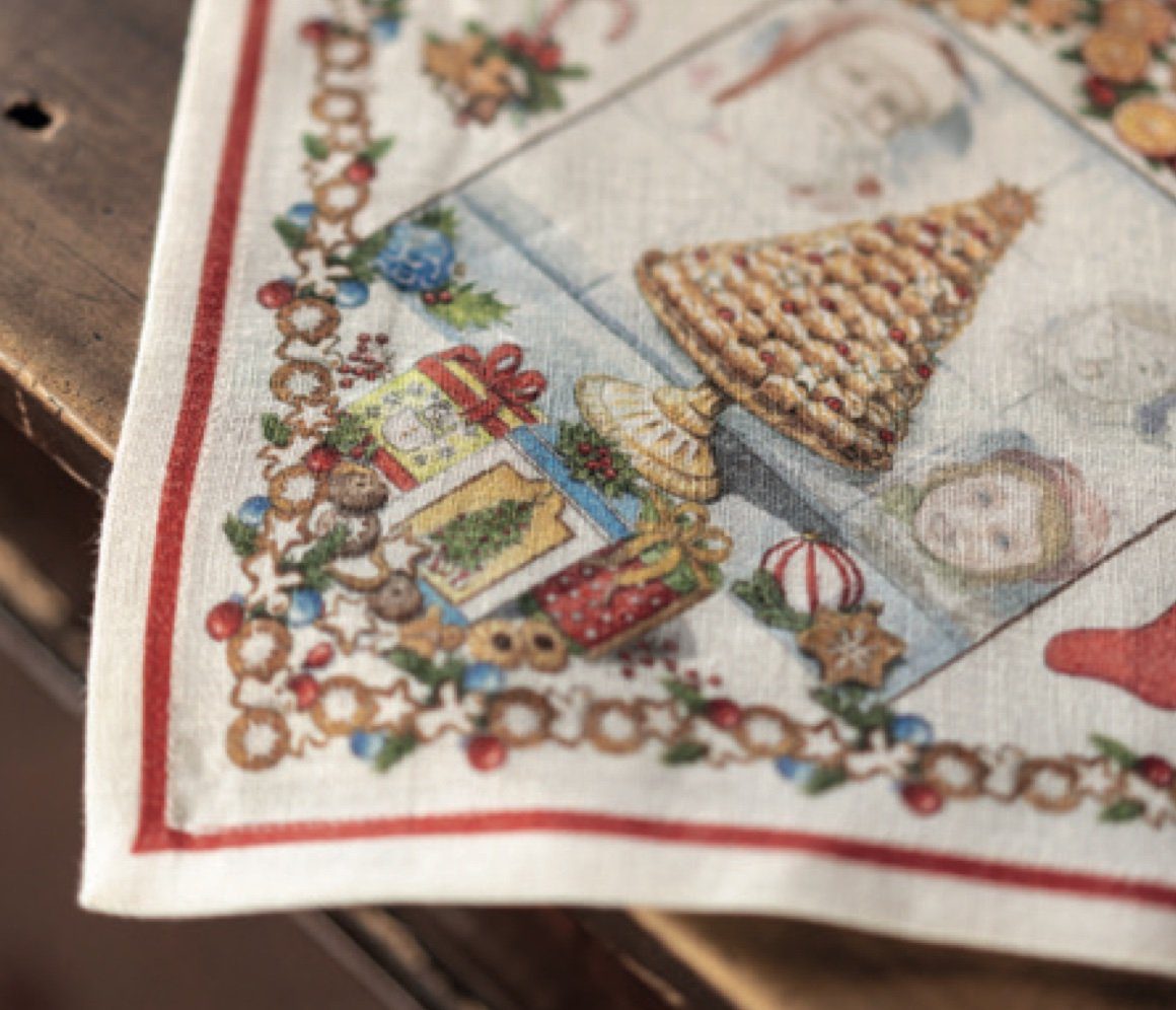 Tessitura Toscana Telerie Tovaglia Natalizia E/O Runner In Lino Stampato Noel Gourmand