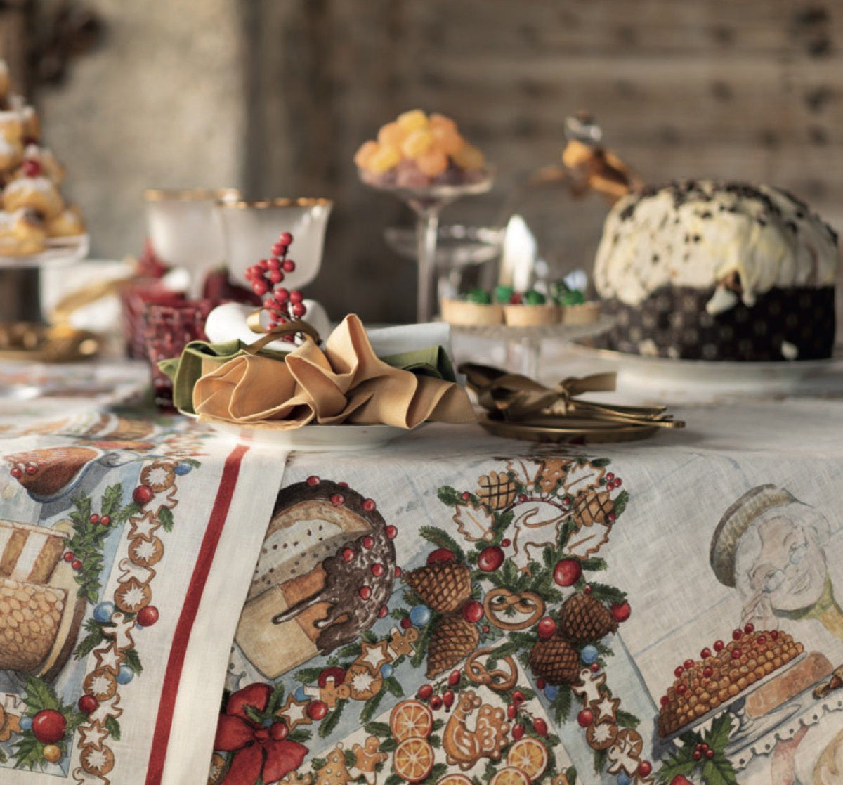 Tessitura Toscana Telerie Tovaglia Natalizia E/O Runner In Lino Stampato Noel Gourmand
