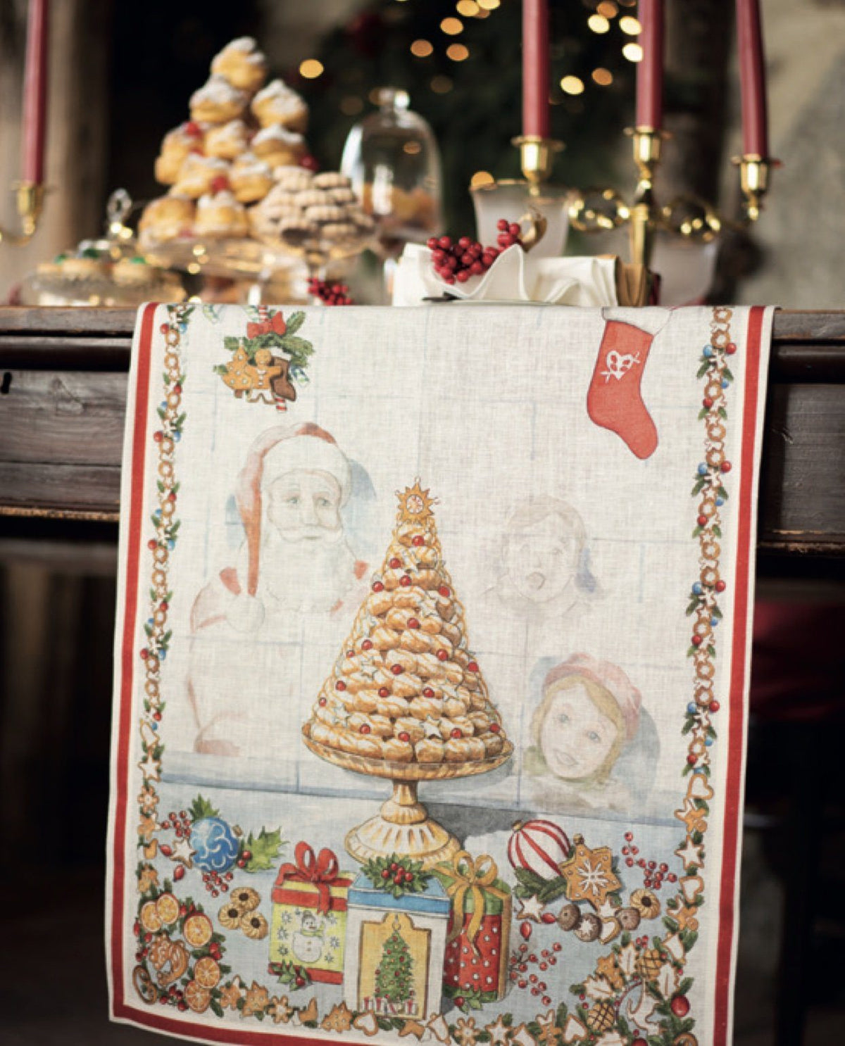 Tessitura Toscana Telerie Tovaglia Natalizia E/O Runner In Lino Stampato Noel Gourmand