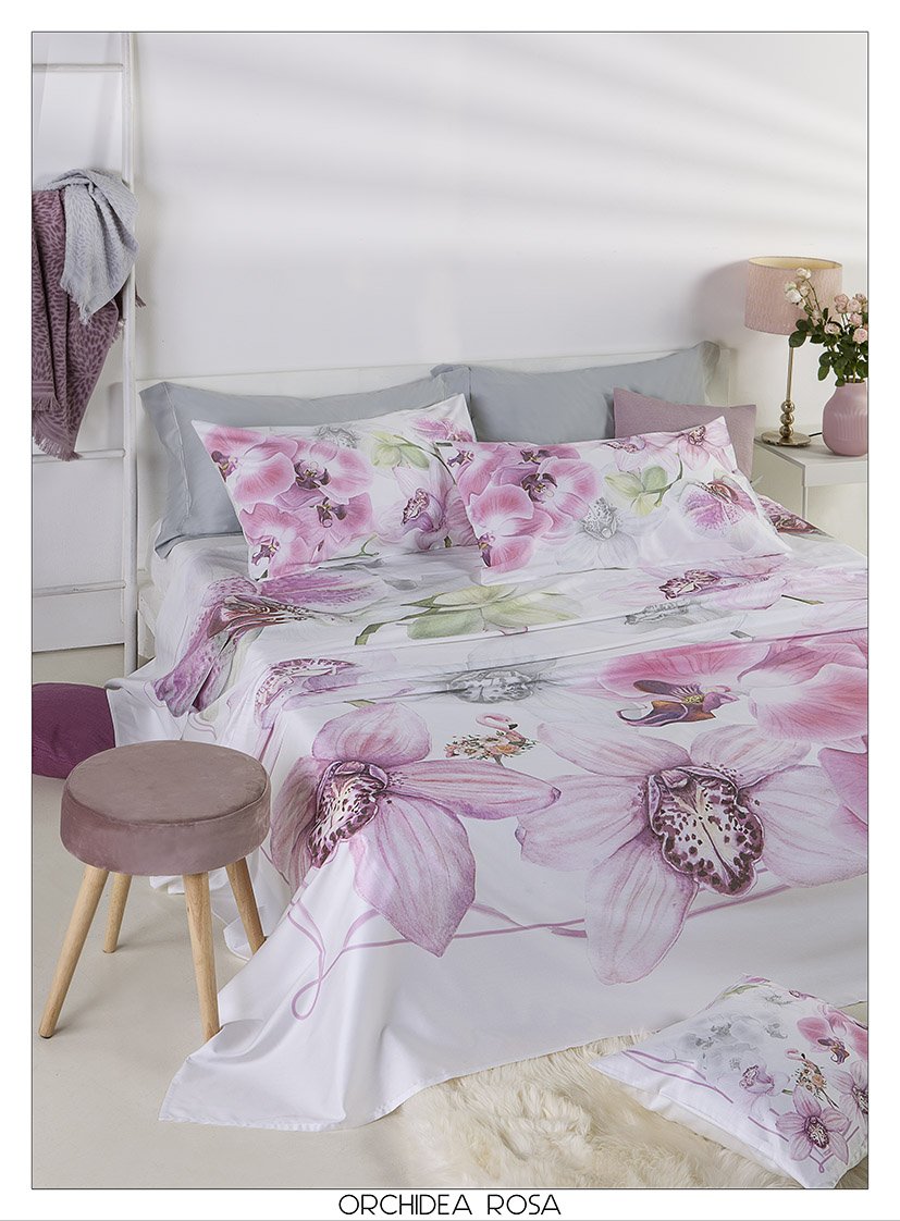 Tessitura Randi Bloom Parure Lenzuolo Matrimoniale Modello Copriletto In Raso Di Cotone Orchidea