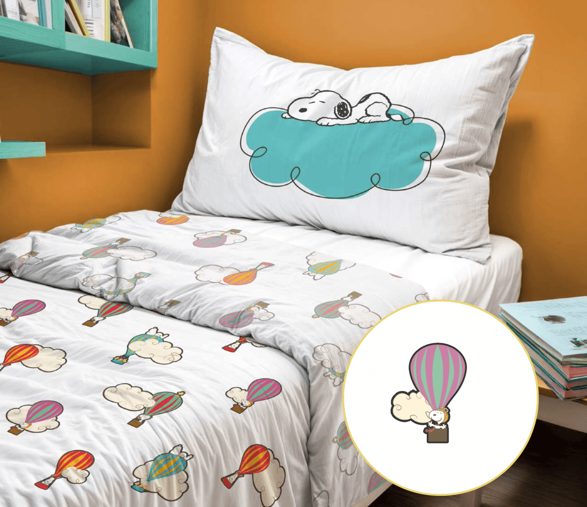 Peanuts Parure Copripiumino Singolo In Puro Cotone Snoopy Balloon