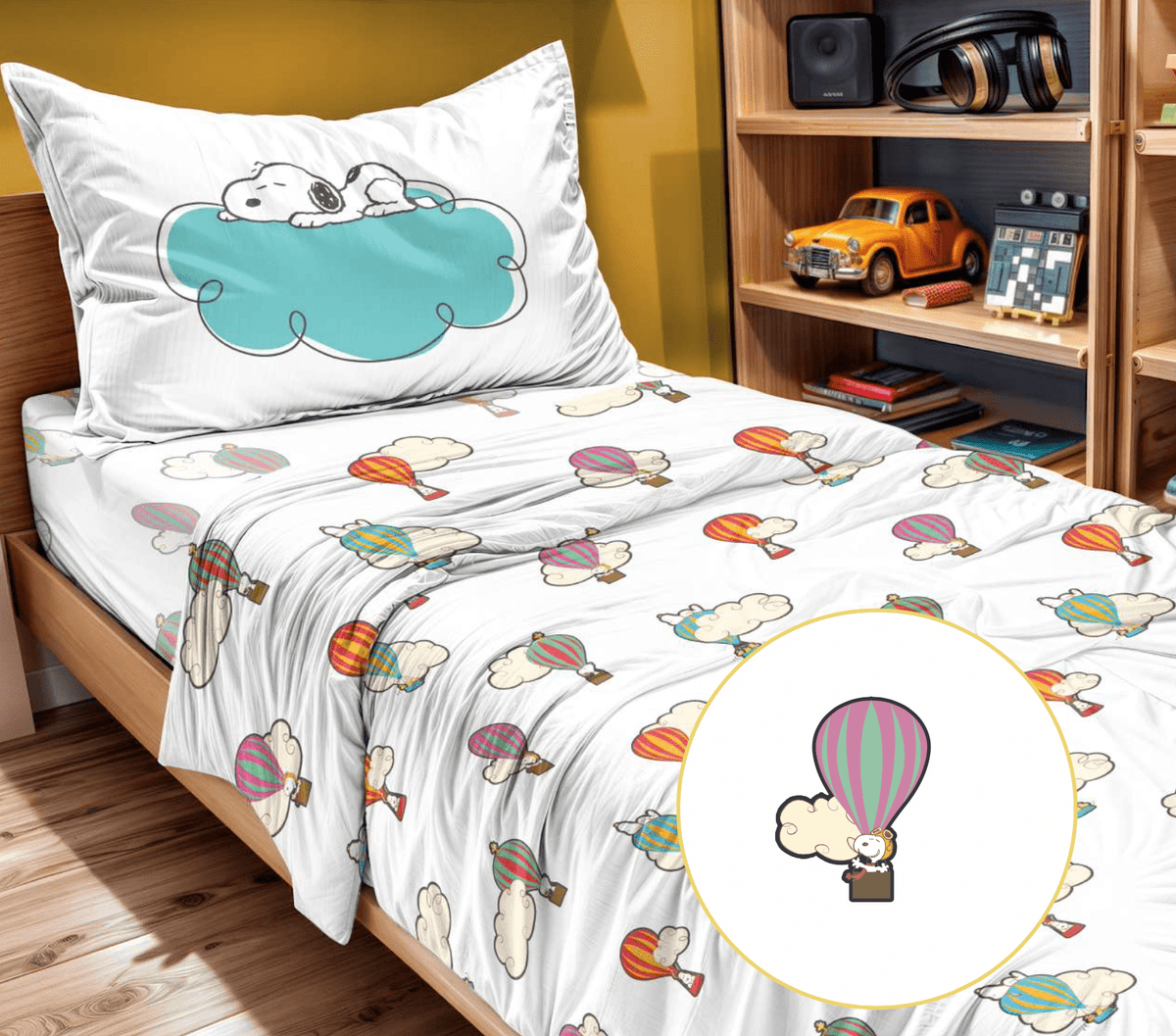 Peanuts Completo Lenzuola Singolo Modello Copriletto In Puro Cotone Snoopy Balloon