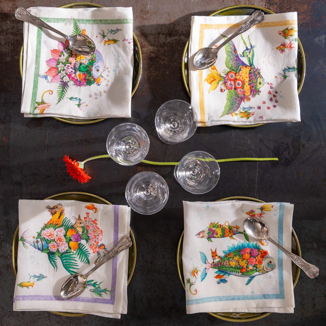 Tessitura Toscana Telerie 4Dinner Set 4 Tovaglioli In Lino Stampato Pesciflora