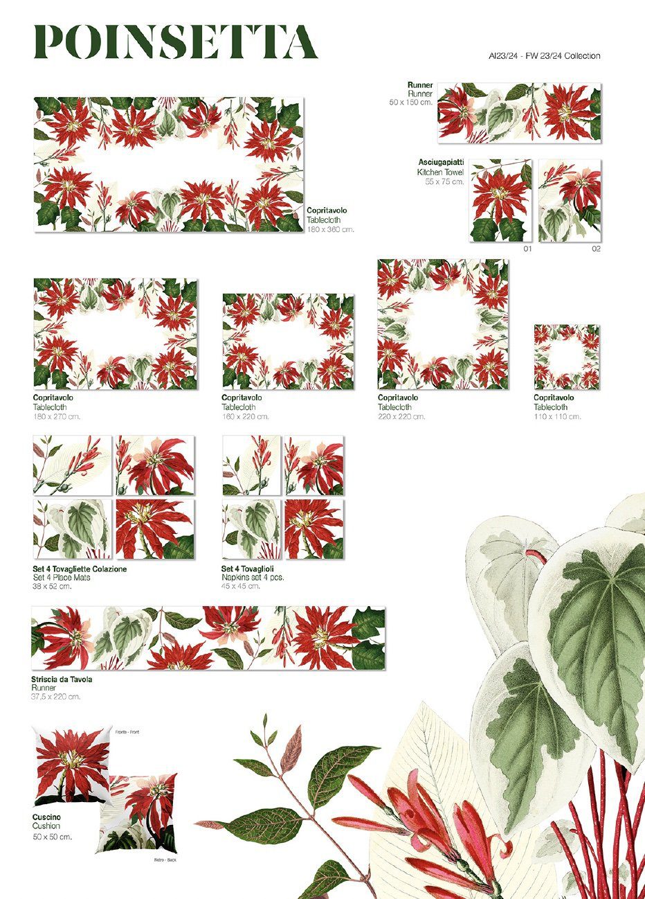 Napking Tovaglia Natalizia E/O Runner In Puro Lino Stampato Poinsetta
