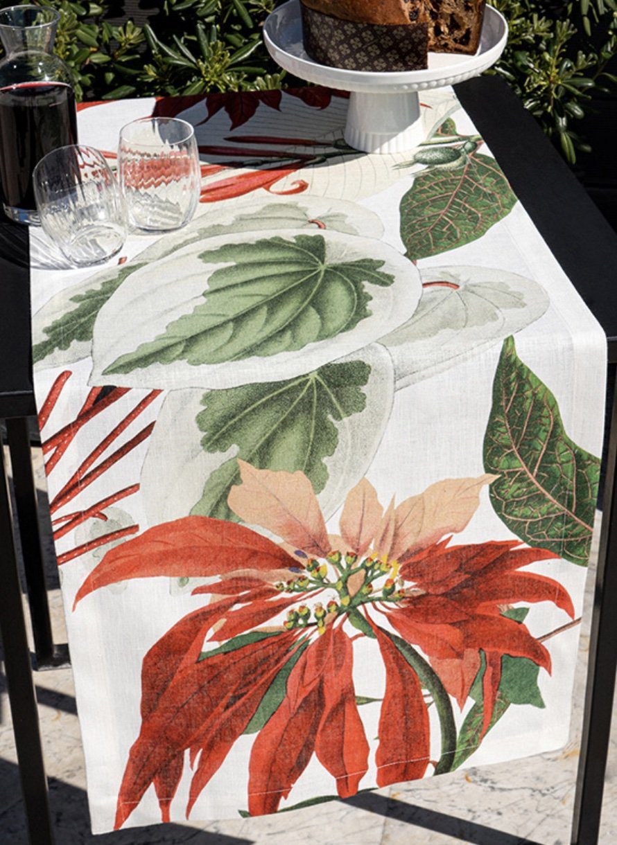 Napking Tovaglia Natalizia E/O Runner In Puro Lino Stampato Poinsetta