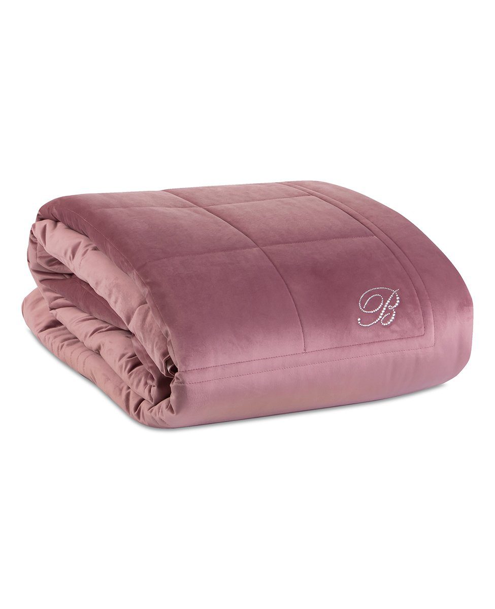 Blumarine Copriletto Matrimoniale Trapuntato In Velluto Con Logo Cristalli Blu Velvet